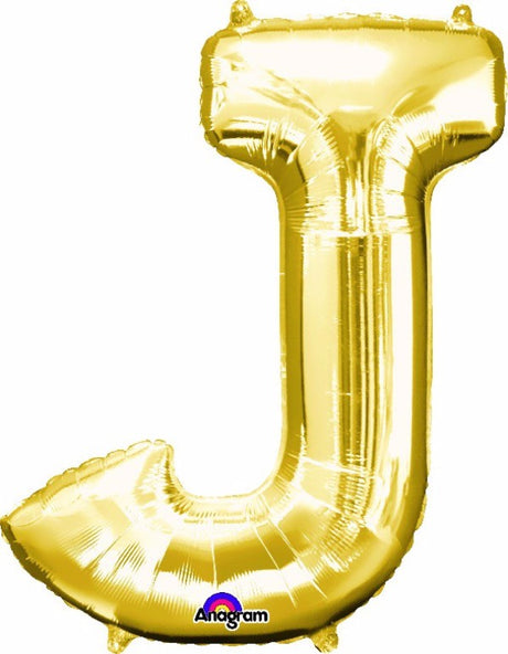 Gold Letter J 83cm helium-saving balloon for festive parties and events, self-sealing and versatile for air or helium filling.