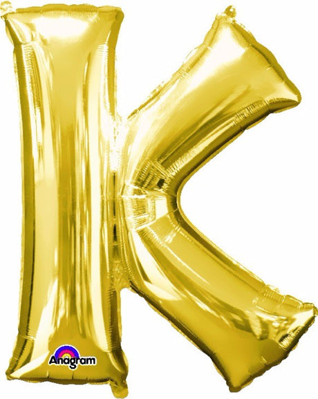 Gold Letter K balloon, 83cm, self-sealing, versatile for helium or air, perfect for celebrations and creative decor.