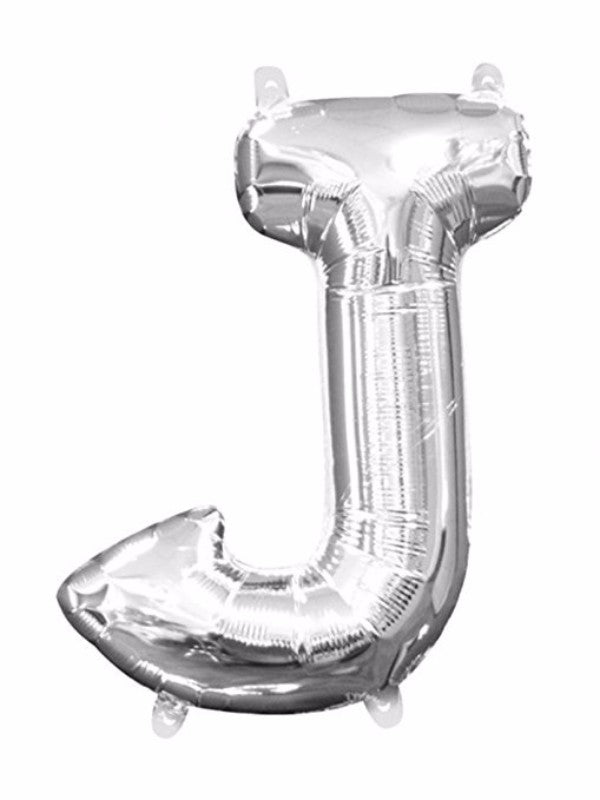 40cm Letter J Silver Megaloon foil balloon, perfect for parties, easy self-inflate with straw, and adds stylish flair.