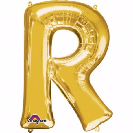 Shiny gold Letter R Megaloon balloon, 40cm, perfect for celebrations, includes straw for easy self-inflation.