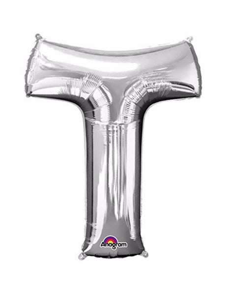 Silver 40cm Letter T Megaloon Foil Balloon, self-sealing, air-filled, includes straw for easy inflation.