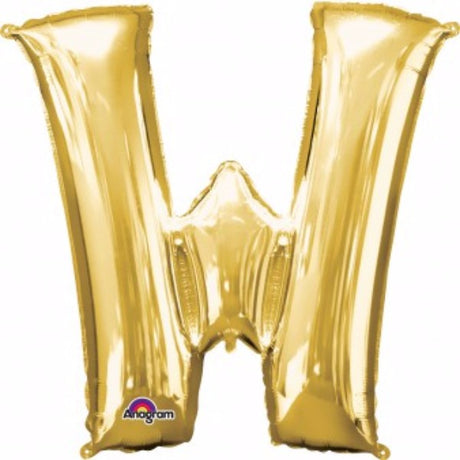 Gold Letter W Megaloon Foil Balloon, 40cm, perfect for elegant celebrations and easy air inflation with included straw.