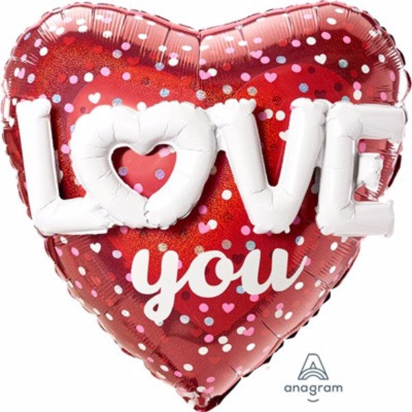 Holographic foil balloon featuring hearts and dots, perfect for celebrations, 91cm, self-sealing, requires helium.