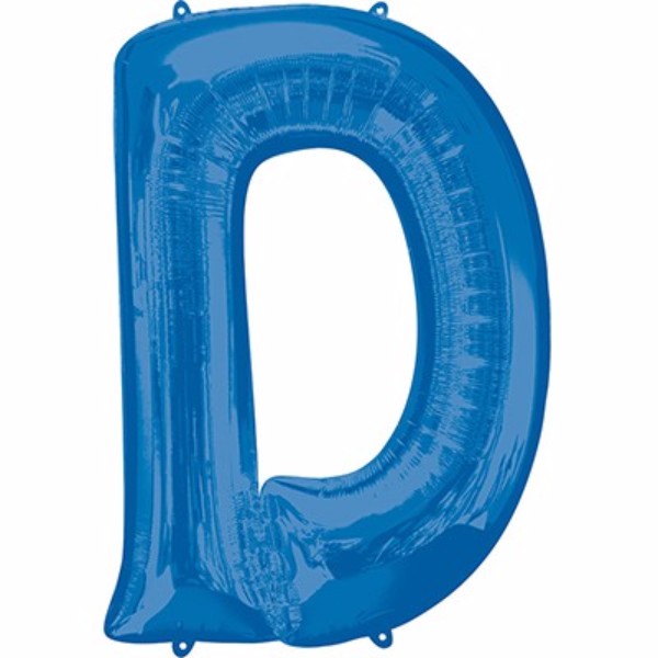Large blue letter D balloon, 86cm, self-sealing for helium or air, perfect for parties and celebrations.