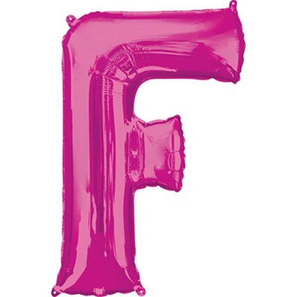 Bright pink Letter F balloon, 86cm, self-sealing, perfect for parties and events, can be filled with air or helium.