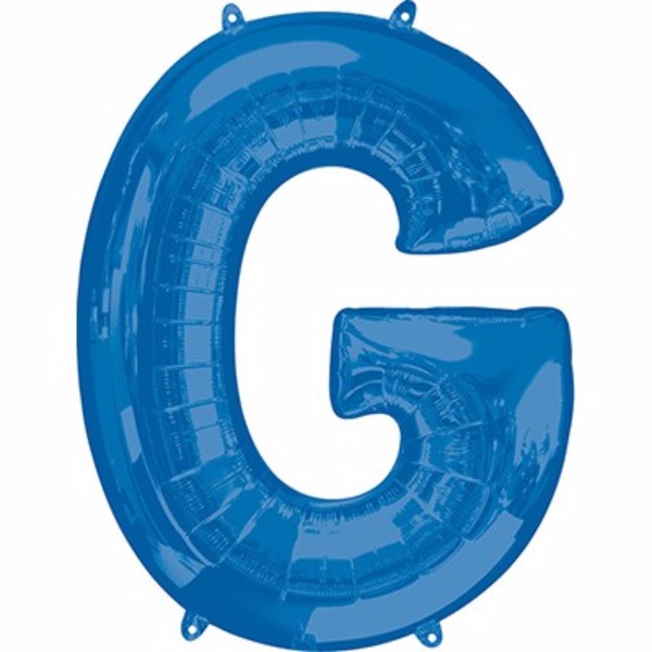 Large 86cm blue 'G' balloon, perfect for parties, self-sealing, can be filled with helium or air.