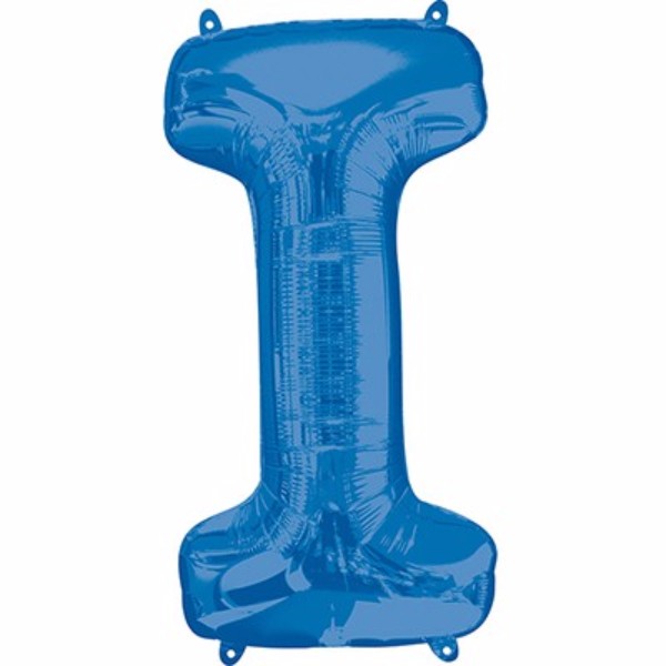 Vibrant blue Letter I balloon, 86cm, perfect for celebrations; self-sealing, air or helium-filled, durable and eye-catching.