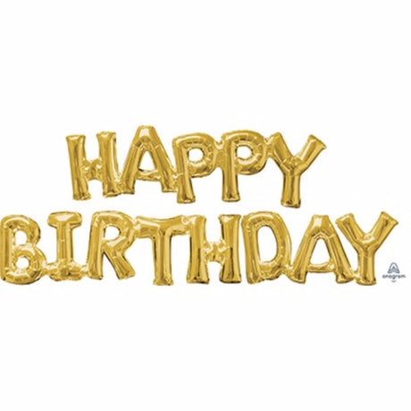 Gold foil balloons spelling 'HAPPY BIRTHDAY', elegant design for festive celebrations, self-sealing and easy to inflate.
