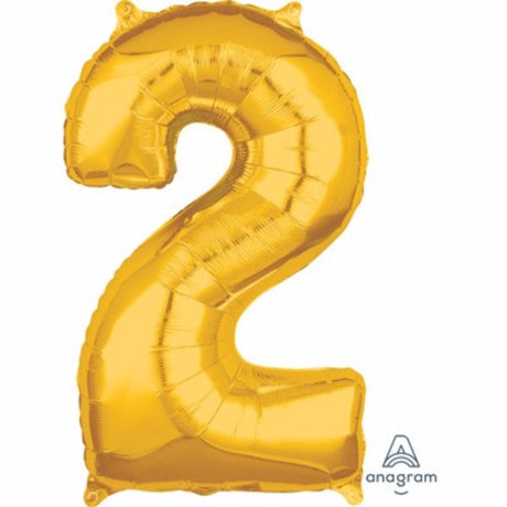 Gold foil number two balloon, 66cm, self-sealing, suitable for air or helium filling.