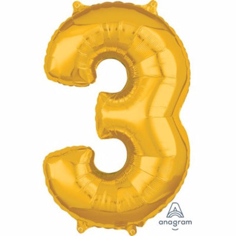 Gold shape number three foil balloon, 66cm, perfect for celebrations and events, self-sealing, versatile for air or helium.