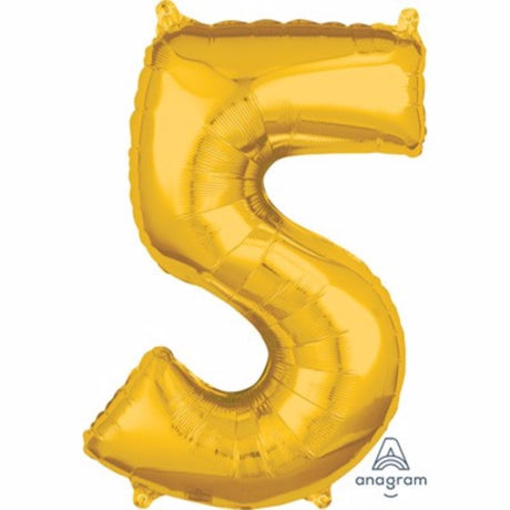 Gold number five foil balloon, 66cm, perfect for celebrations, self-sealing, can be air or helium filled.