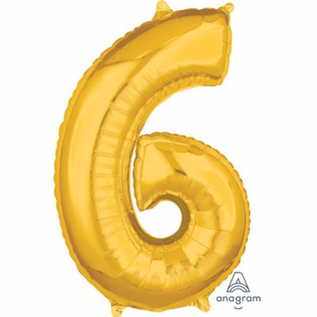 Gold mid-sized Shape Number Six Foil Balloon, 66cm, perfect for celebrations, self-sealing, air or helium fill.