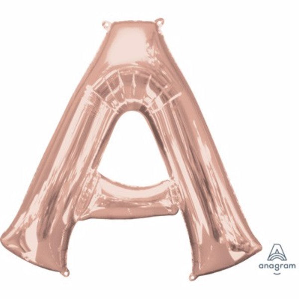 Rose gold 86cm Letter A helium saver balloon, perfect for elegant party decor and customizable inflating options.