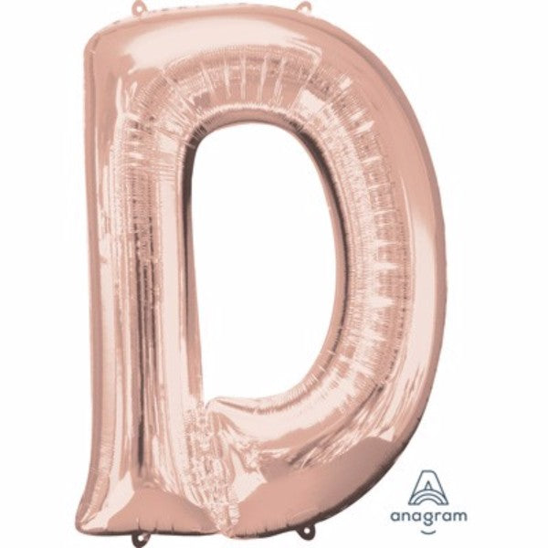 Large 83cm rose gold Letter D helium saver balloon, perfect for weddings and celebrations, designed for long-lasting use.