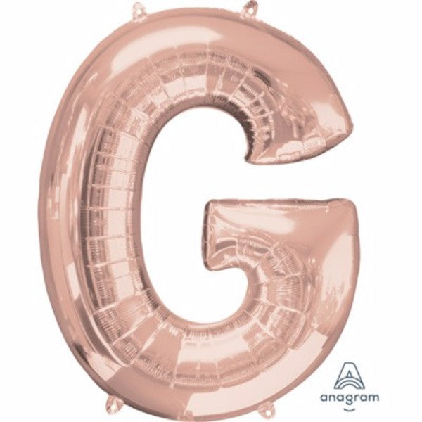 Rose gold Letter G balloon, 81cm, self-sealing, perfect for elegant celebrations, easily filled with air or helium.