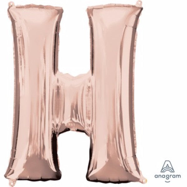 Rose gold letter H helium saver balloon, 81cm, perfect for elegant celebrations and versatile decor options.