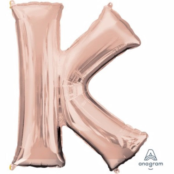 Rose gold 81cm letter K balloon, perfect for stylish celebrations and versatile for air or helium filling.