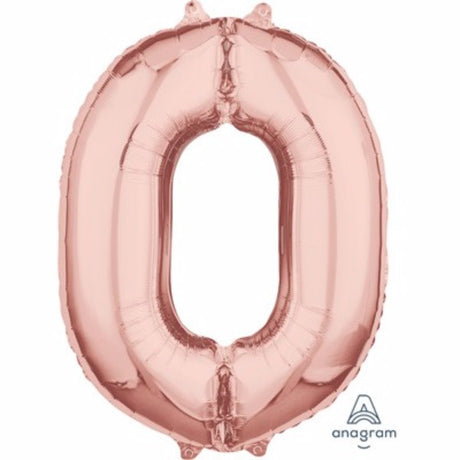 Rose gold Shape Number Zero foil balloon, 66cm mid-sized, perfect for elegant celebrations and easy to fill with air or helium.