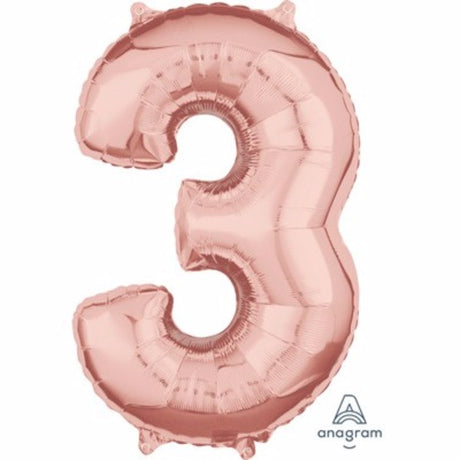 Rose gold number three foil balloon, 66cm, self-sealing, perfect for birthdays and celebrations.