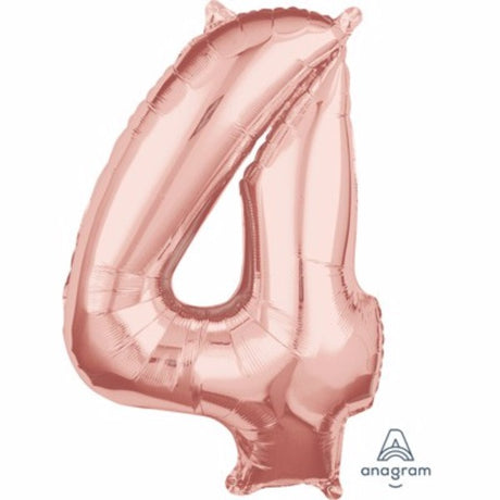 A 66cm mid-sized rose gold foil balloon in the shape of the number four, perfect for elegant celebrations.