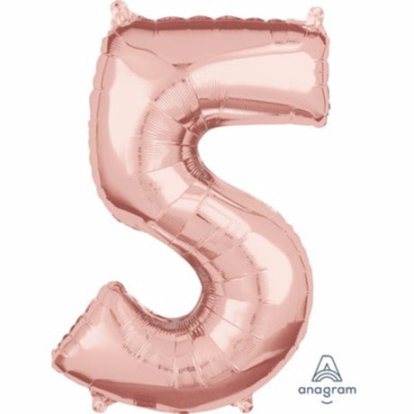Mid-sized rose gold foil balloon shaped like number five, perfect for celebrations and easy to inflate.