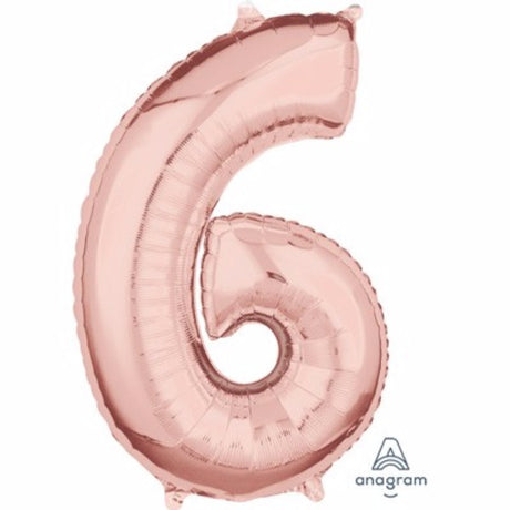 Rose gold foil number six balloon, 66cm, ideal for celebrations and classy decor, self-sealing for easy inflation.
