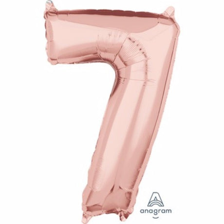 Rose gold number seven foil balloon, 66cm, perfect for celebrations, self-sealing, can be filled with air or helium.