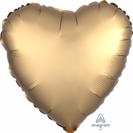 45cm heart-shaped gold satin foil balloon, self-sealing, requires helium inflation.