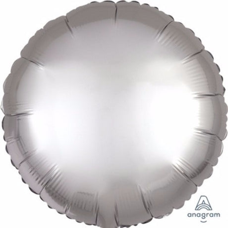 45cm round platinum satin luxe foil balloon, self-sealing and requires helium for inflation.