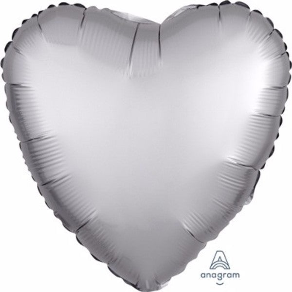 45cm heart-shaped platinum satin luxe foil balloon, self-sealing and requires helium for inflation.