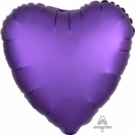 45cm heart-shaped purple satin luxe foil balloon, ideal for elegant celebrations and requires helium for inflation.