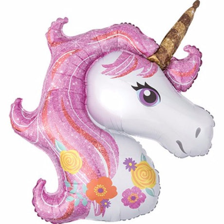 Colorful unicorn head foil balloon with floral design, 83cm x 73cm, perfect for whimsical celebrations.