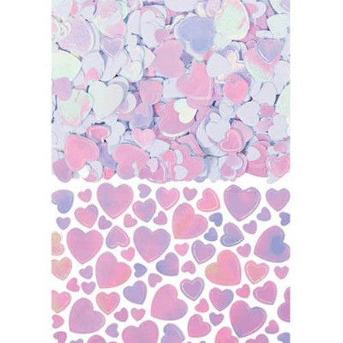Colorful iridescent heart-shaped confetti in assorted sizes, perfect for weddings and festive celebrations.