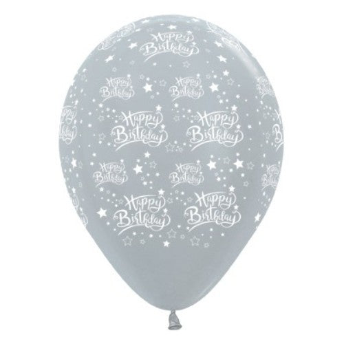 30cm silver metallic pearl latex balloons with star designs, perfect for festive birthday celebrations, pack of 25.