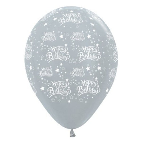30cm silver metallic pearl latex balloons with star designs, perfect for festive birthday celebrations, pack of 25.
