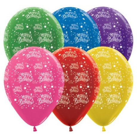 Pack of 25 vibrant 30cm metallic latex balloons in assorted colors, perfect for festive birthday celebrations.