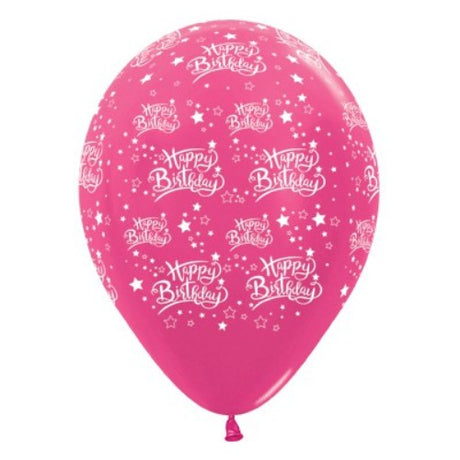 Pack of 6 fuchsia metallic balloons, 30cm, featuring 'Happy Birthday' stars for vibrant party decor.