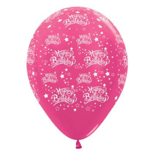 Pack of 6 fuchsia metallic balloons, 30cm, featuring 'Happy Birthday' stars for vibrant party decor.