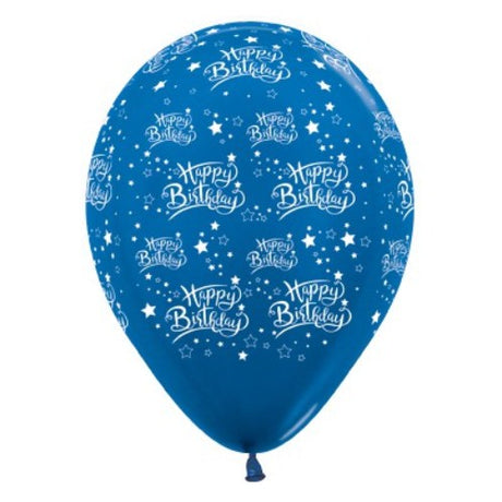 Pack of 6 blue metallic Happy Birthday balloons with star designs, perfect for festive celebrations and party decor.