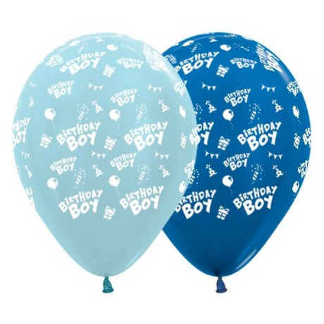 Pack of 25 blue and dark blue metallic balloons, 30cm, perfect for boys' birthday celebrations.