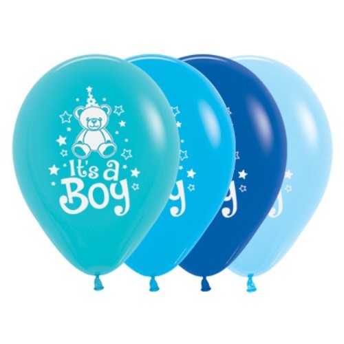 30cm It's A Boy teddy bear balloons in Caribbean and Royal Blue for baby showers and parties, pack of 25.