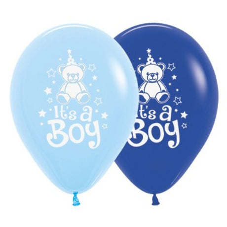 30cm It's A Boy Teddy balloons in royal and pastel blue, ideal for baby showers and gender reveals, pack of 25.