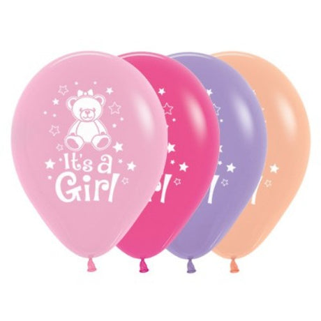 30cm It's A Girl teddy balloons in pastel colors, perfect for baby showers and gender reveal parties, pack of 25.