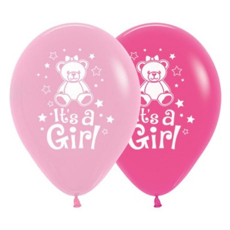 Pack of 6 30cm It's A Girl Teddy balloons in bubblegum pink and fuchsia, perfect for baby showers and celebrations.