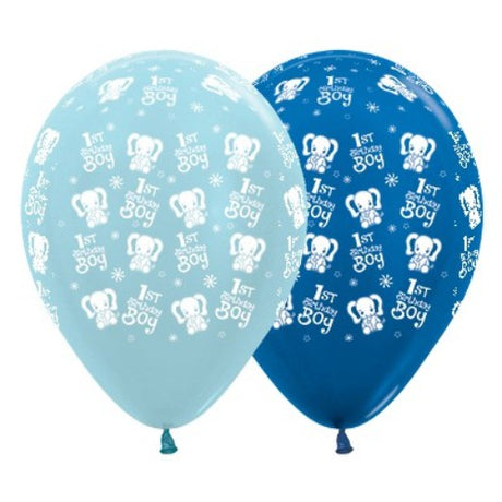 30cm blue and dark blue metallic balloons with elephant designs for a boy's 1st birthday celebration, pack of 25.