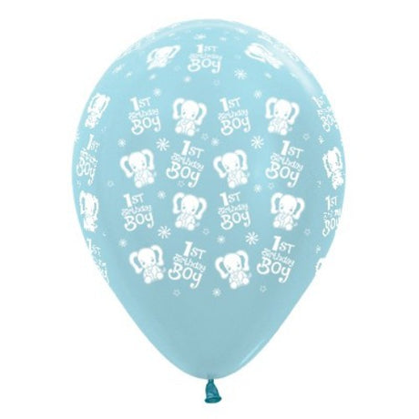6 blue pearl satin balloons featuring adorable elephants for a boy's 1st birthday party celebrations.