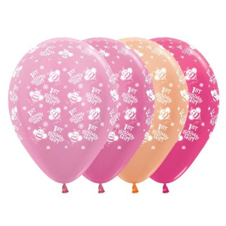 Vibrant 30cm balloon assortment for a girl's 1st birthday, featuring Pearl Pink, Fuchsia, and Peach colors. Pack of 25.