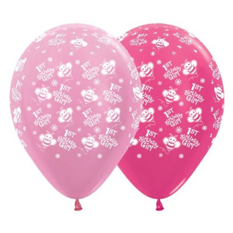 30cm pink and fuchsia metallic balloons, bumble bee theme, perfect for a girl's 1st birthday celebration. Pack of 25.