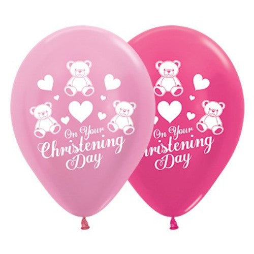 Pack of 25 pink and fuchsia metallic balloons, perfect for adding elegance to your christening celebration.
