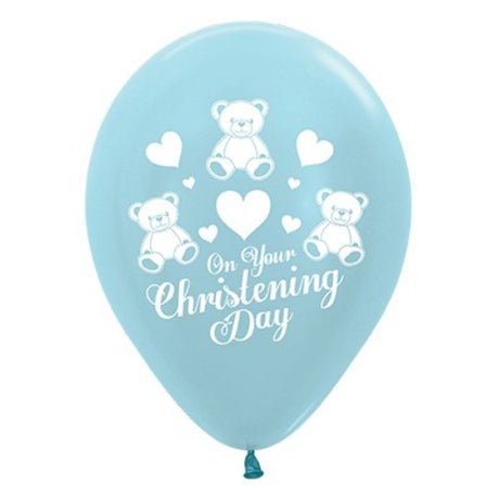 Pack of 25 30cm blue satin pearl balloons for elegant christening decorations, ideal for creating magical atmospheres.